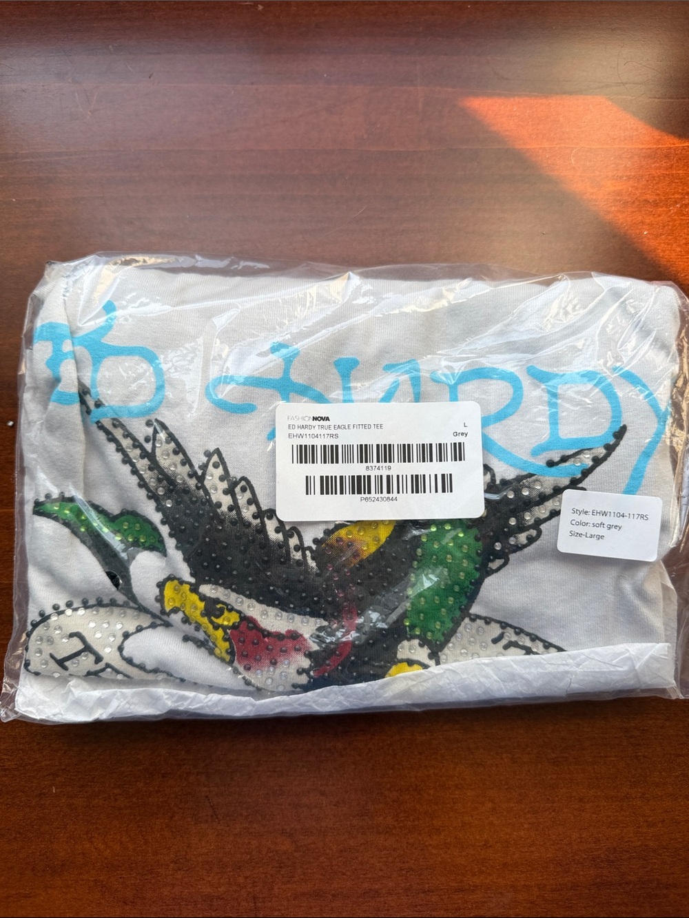 Women’s L Ed Hardy Grey Tee with Colorful Studded Eagle Graphic